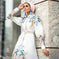 floral print maxi dress | puff sleeve lapel collar | button front long dress | ultrasonic cleaning