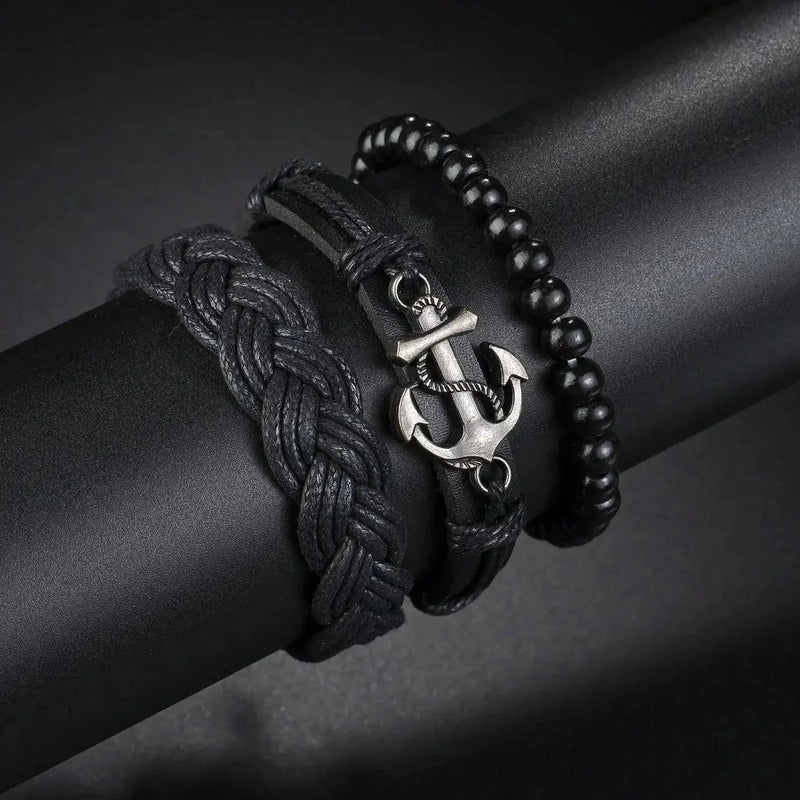 braided leather bracelet for men | vintage charm wood beads | adjustable wrap wristband | ultrasonic cleaning