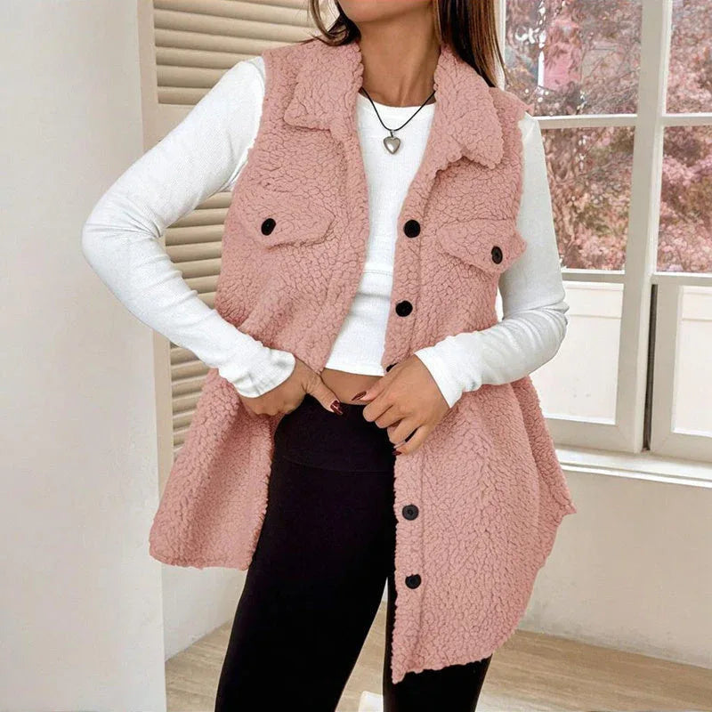 Women's Wool-Like Sleeveless Vest With Lapel, Solid Color Mid-Length Button Up Waistcoat For Layering, Casual & Formal Outfits Meifu Market