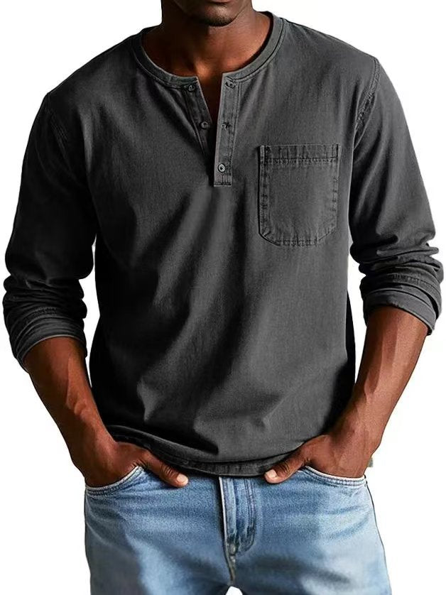V-neck Long-sleeved T-shirt With Button Design Fashion Casual Solid Color Pullover Top Men's Clothing Meifu Market
