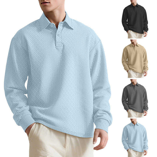 Jacquard Polo Sweater — Men's Loose-Fit Long Sleeve Knitwear