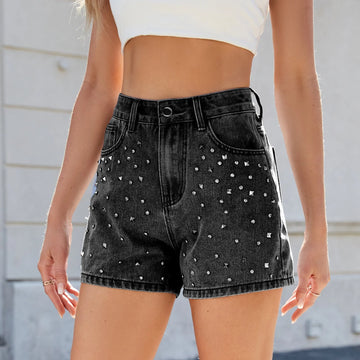 stretch denim fabric | high-waisted shorts | mid-thigh length | ultrasonic cleaning