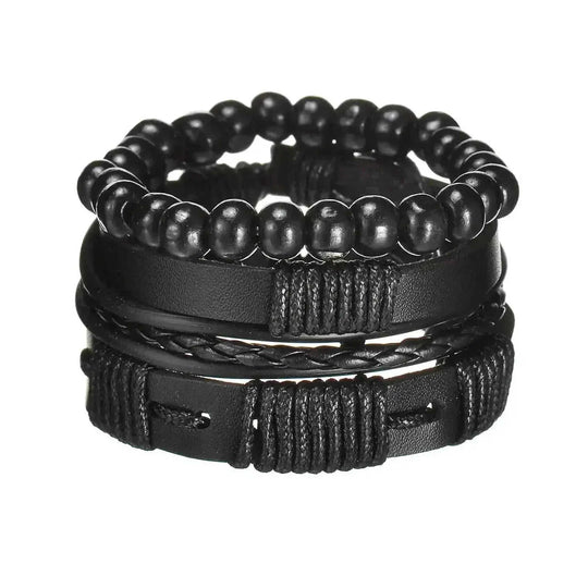 braided leather bracelet for men | vintage charm wood beads | adjustable wrap wristband | energy saving