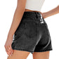stretch denim fabric | high-waisted shorts | mid-thigh length | ultrasonic cleaning