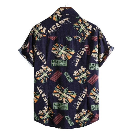 vintage letter print shirts | loose fit short sleeve shirts | cotton linen blend fabric | ultrasonic cleaning
