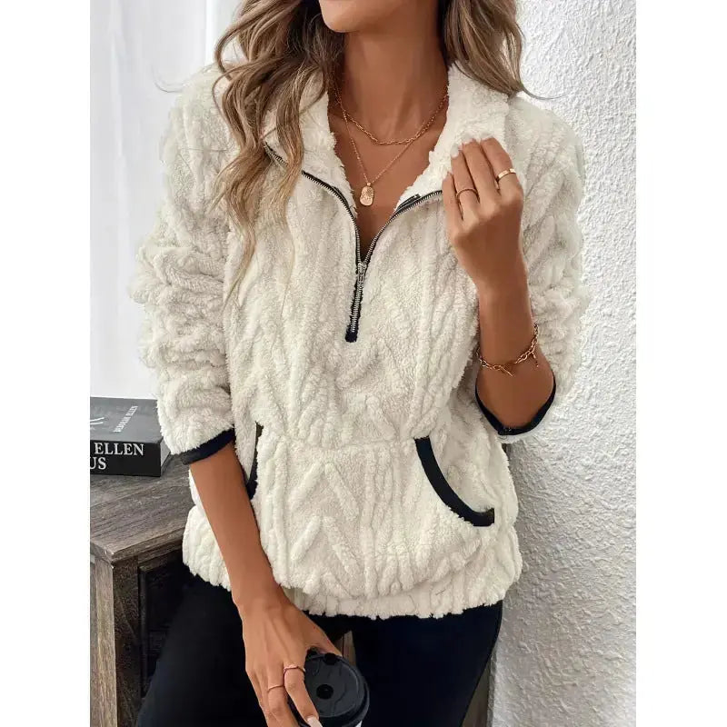 Contrast Color Half-open Collar Plush Women's Sweater Meifu Market