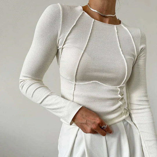 Slim Long Sleeve T-shirt Fashion Solid Color Split Thread Knitted Top Womens Clothing Meifu Market