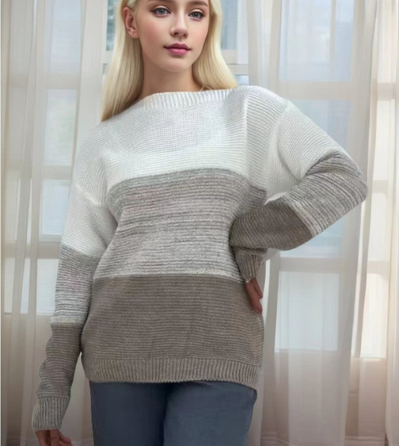 Pullover Knitted Sweater Fashion Round Neck Splicing Knitwear Loose Top Women's Clothing Meifu Market