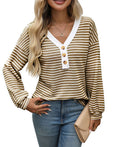 Women's V-neck Buttons Pullover Patchwork Casual Long-sleeved Top Meifu Market
