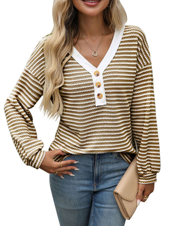 Women's V-neck Buttons Pullover Patchwork Casual Long-sleeved Top Meifu Market