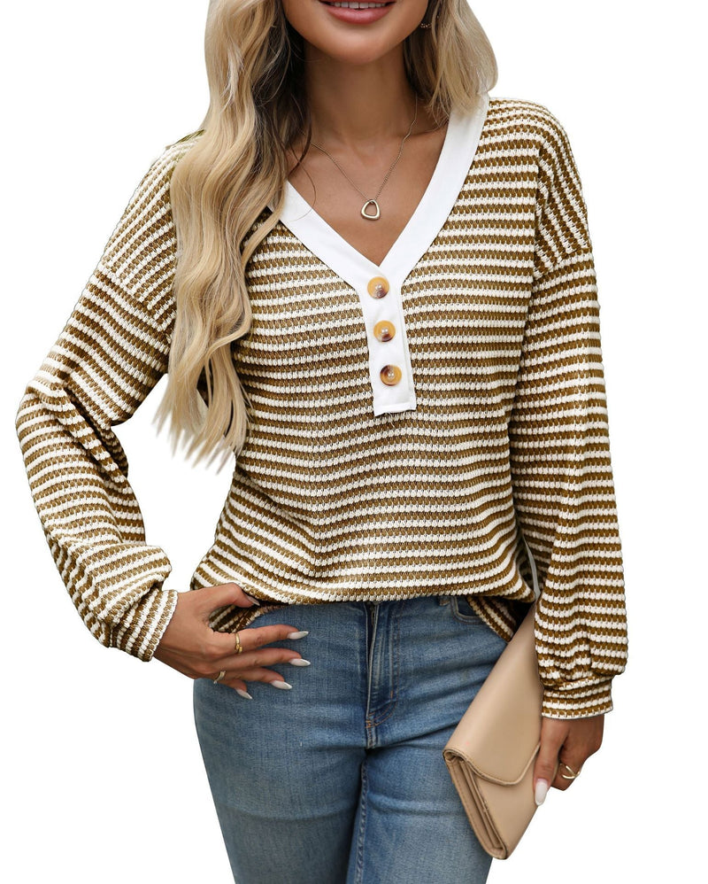 Women's V-neck Buttons Pullover Patchwork Casual Long-sleeved Top Meifu Market