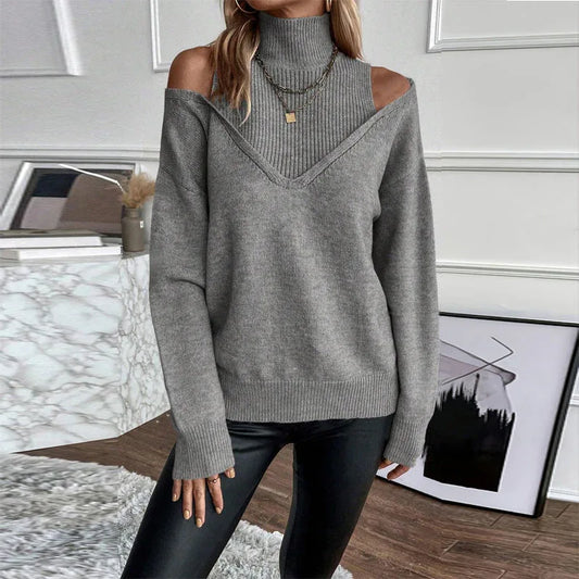 Women's Elegant Off-Shoulder Turtleneck Sweater, Solid Color Long Sleeve Knit Top For Autumn & Winter