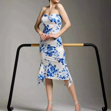 Chinese Print Tube Top Dress Blue And White Porcelain Sheath Fishtail Skirt
