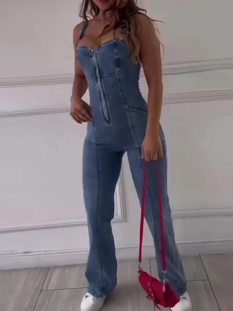 sleeveless denim jumpsuit | paneled zipper romper | adjustable waist jumpsuit | energy saving