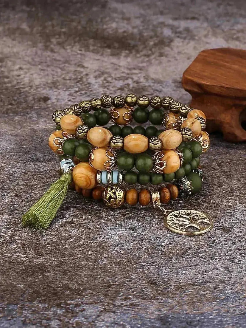 elastic bangle bracelet set | wooden beads jewelry | adjustable tree of life bracelet | energy saving