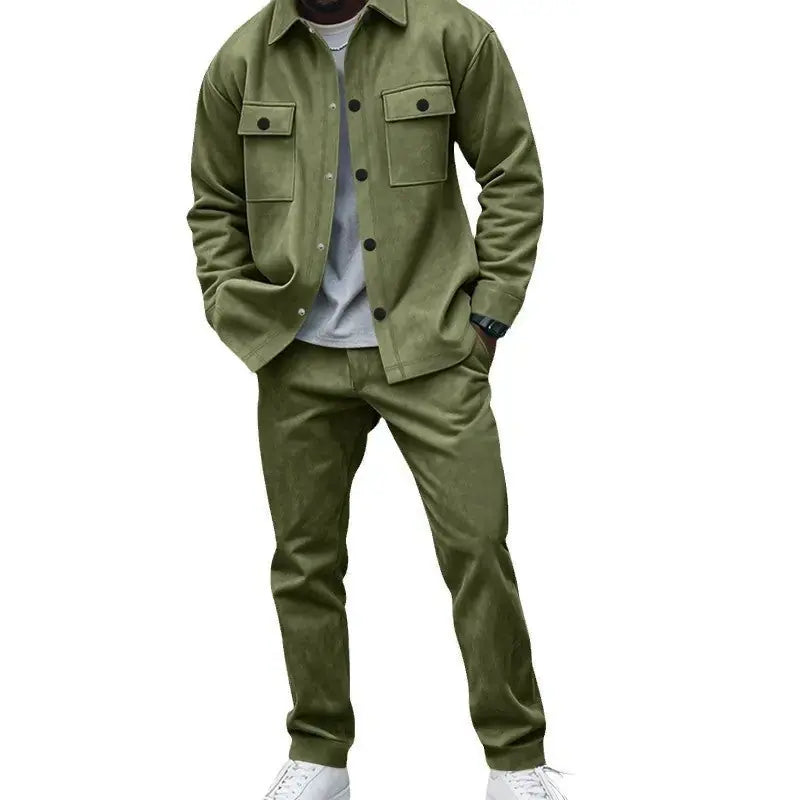 Men's Suede Solid Color Single-breasted Tooling Cardigan Two-piece Set Meifu Market