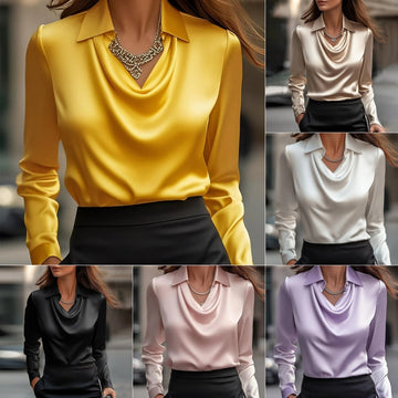 Women's Swing Collar Draped Shirts & Blouses Elegant Solid Satin Office Ladies Top Pullover Spring Long Sleeve Casual Tops Meifu Market