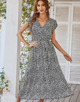 Summer Dresses Ruffle Cap Sleeve V Neck Belt Wrap Split Boho Floral Long Casual Party Beach Dress 