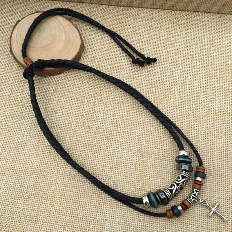 vintage tribal necklace | boho leather jewelry | double layered braided necklace | ultrasonic cleaning