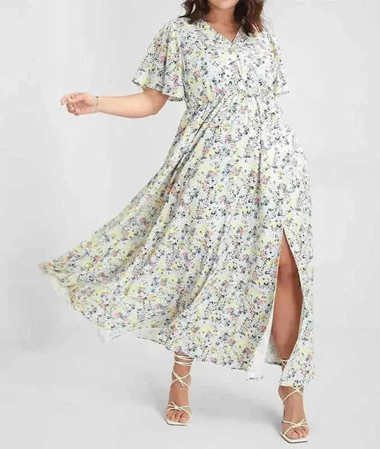 European And American Ladies Bohemian Style Floral Tight Waist Dress - new style elegant long dress women's short-sleeved v-neck bohemian strappy holiday dress