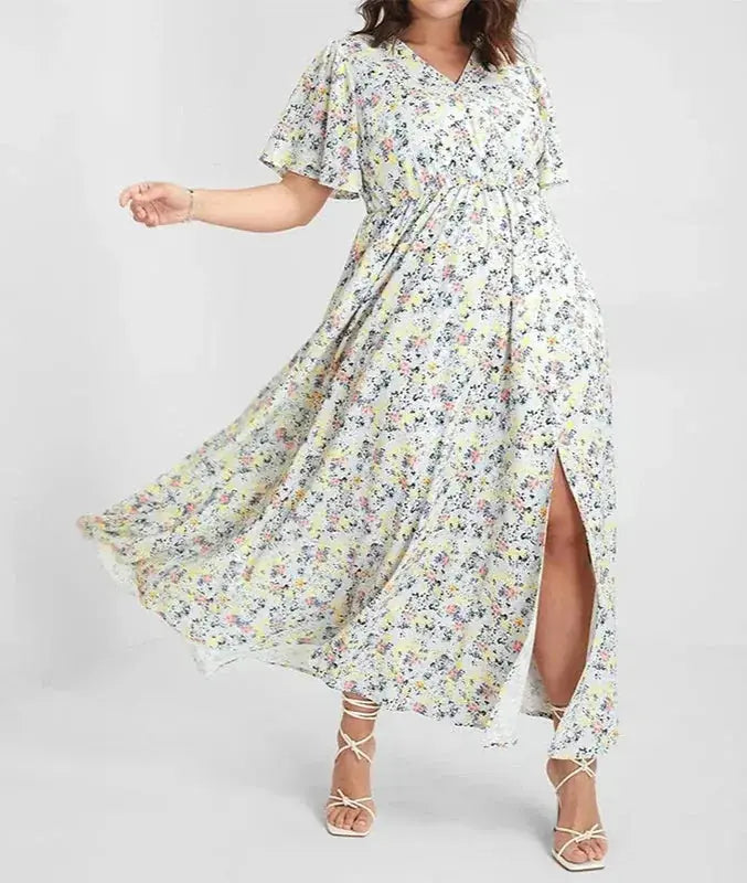 European And American Ladies Bohemian Style Floral Tight Waist Dress - new style elegant long dress women's short-sleeved v-neck bohemian strappy holiday dress