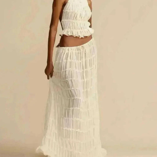 2pcs Women's Dress Suit Sexy Sleeveless Backless Cropped Halter Top And Pleated Long Skirt Beach Clothing - side view...