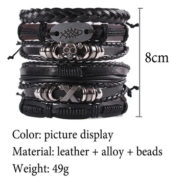 vintage leather bracelet for men | woven leather bracelet set | punk style charm bracelet | energy saving