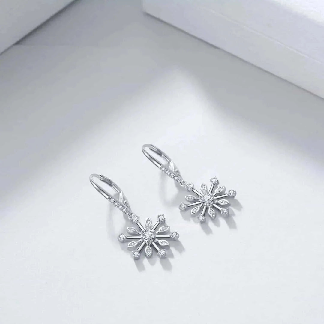 sterling silver leverback earrings | zirconia snowflake dangle earrings | hypoallergenic silver jewelry | energy saving
