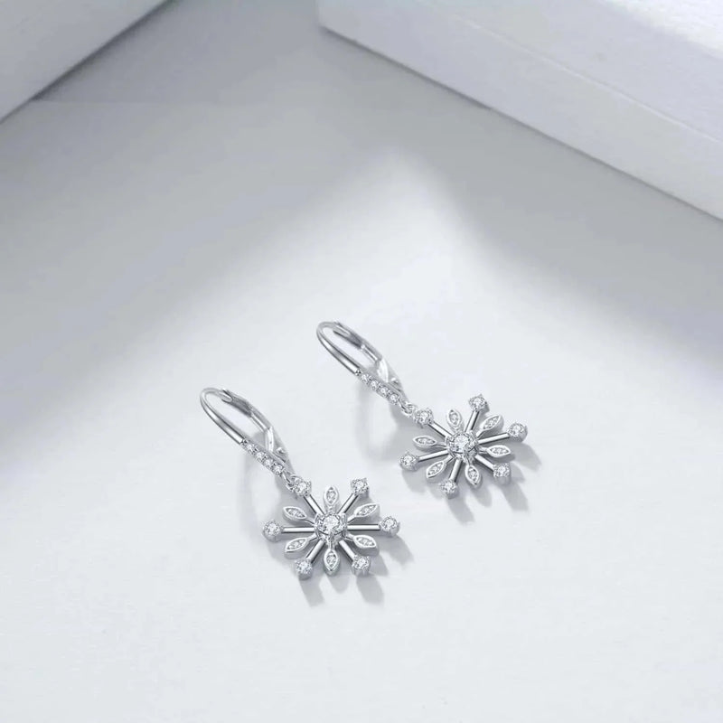 sterling silver leverback earrings | zirconia snowflake dangle earrings | hypoallergenic silver jewelry | energy saving