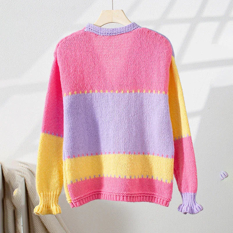 Women's Color Block V Neck Button Front Knit Cardigan Sweater Outerwear Meifu Market
