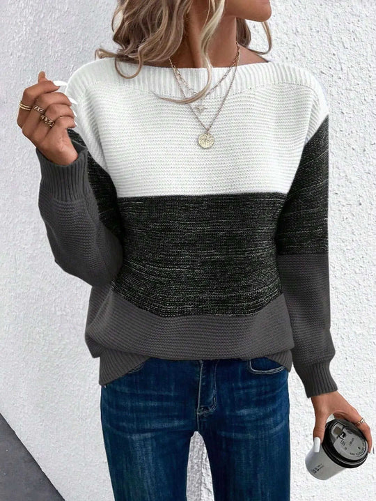 Pullover Knitted Sweater Fashion Round Neck Splicing Knitwear Loose Top Women's Clothing Meifu Market