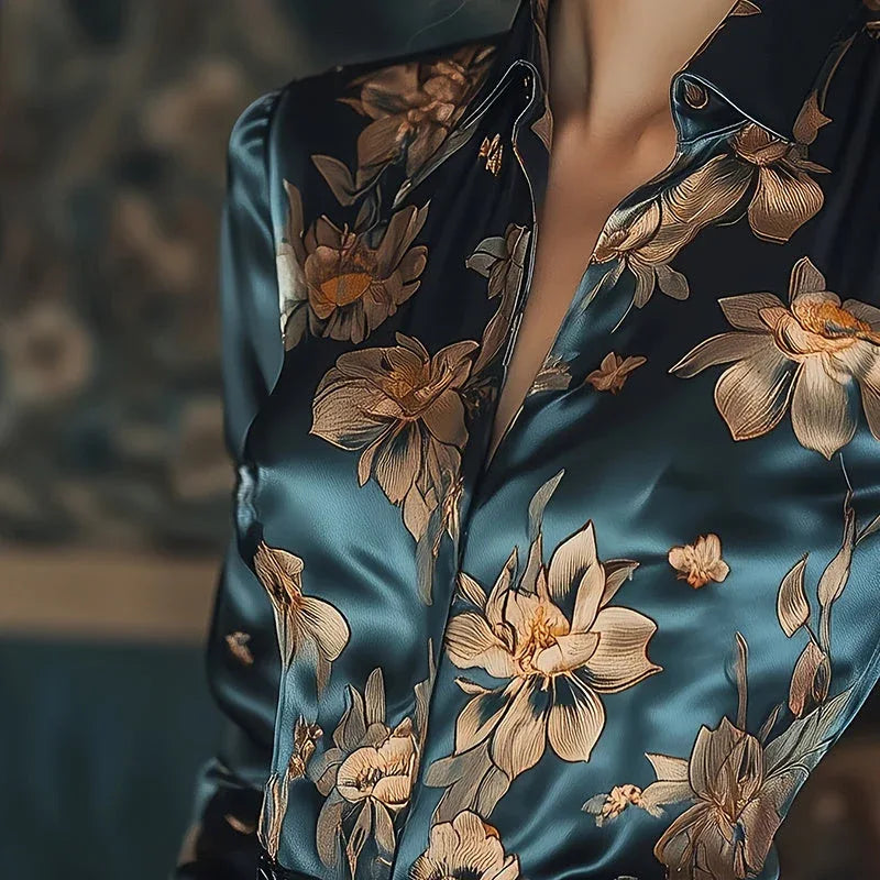 Women's Elegant Satin Lapel Long Sleeve Full Button Shirt Spring Autumn Fashion Tapered Waist Design With Sheen Meifu Market