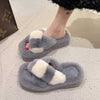 Cross-strap Fuzzy Slippers With 5cm Heel Shoes Women Fashion Winter Indoor Plush House Shoes 