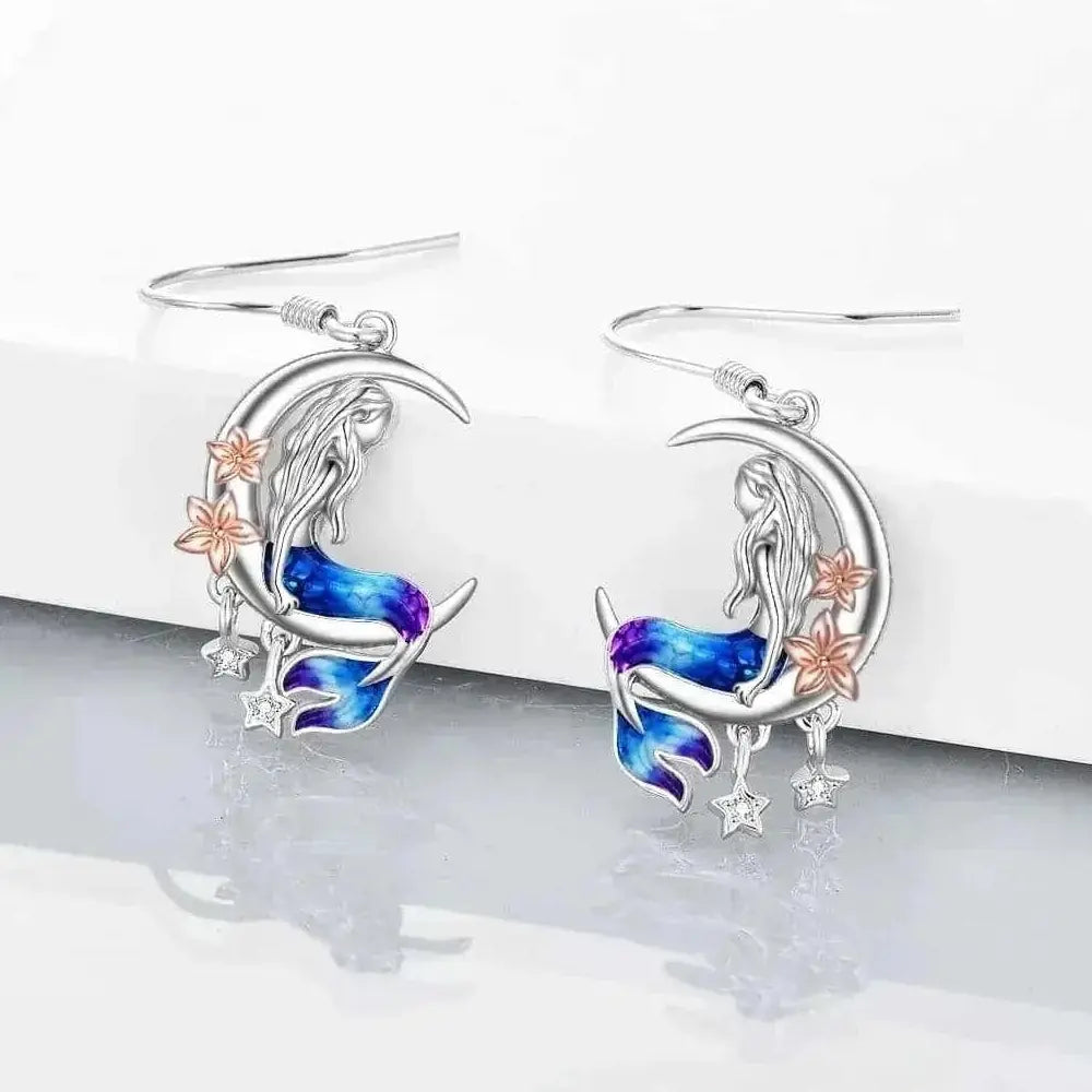 925 Sterling Silver Mermaid Earrings - Crescent Moon Dangle Drop with Zircon Crystals - Meifu Market