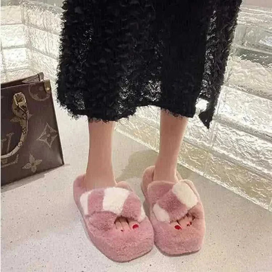 cross-strap fuzzy slippers | 5cm heel house shoes | plush indoor slippers women | ultrasonic cleaning