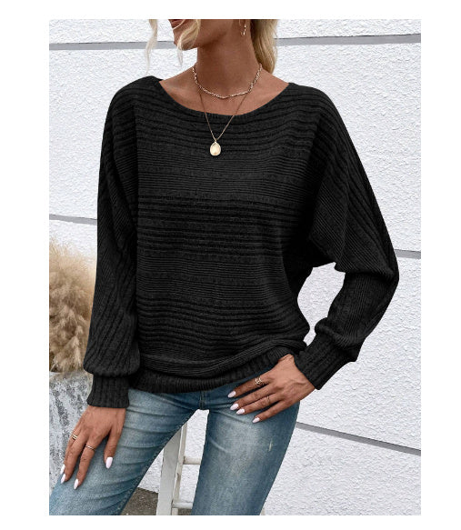 Solid Striped Batwing Sleeves T-shirt Fashion Casual Pullover Round Neck Long Sleeve Top Spring And Autumn Women's Clothing Meifu Market