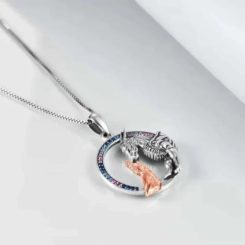 925 Sterling Silver Dragon Necklace - Girl & Dragon Queen Princess Pendant with Zircon Crystals - Meifu Market