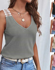 Waffle V-Neck Vest Sleeveless Lace Tank Shirt Tops Summer 