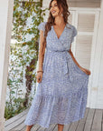 Summer Dresses Ruffle Cap Sleeve V Neck Belt Wrap Split Boho Floral Long Casual Party Beach Dress