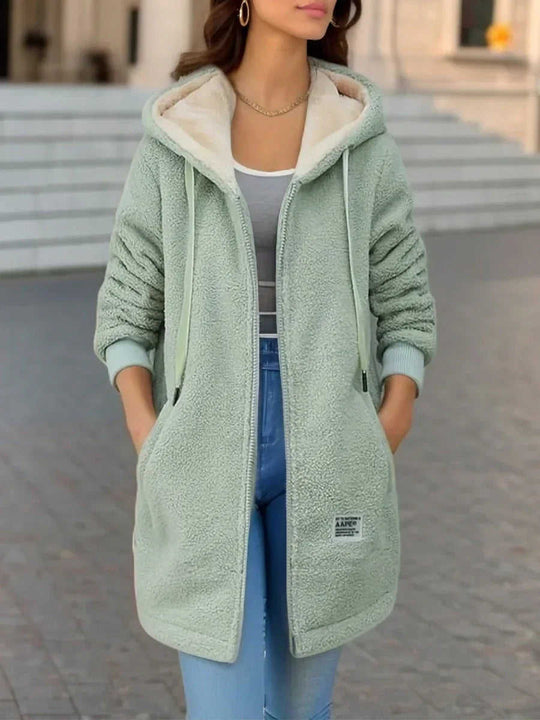 Winter Fleece Hooded Jacket Fashion Casual Zip-up Pockets Long Sweatshirt Warm Commuter Women's Clothing Meifu Market