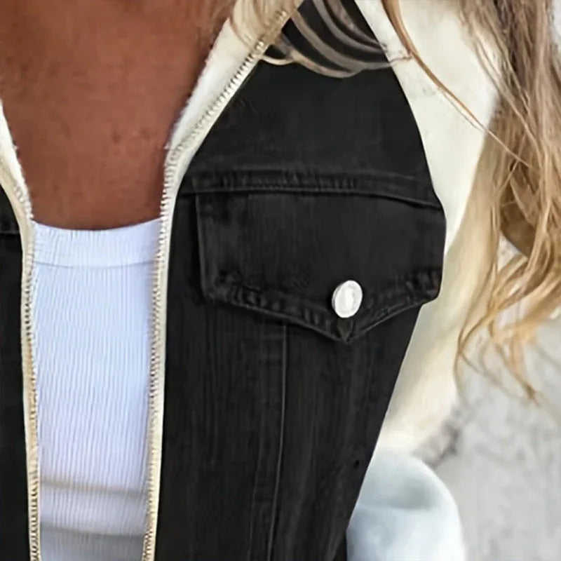 Women's Denim Patchwork Zip-Up Jacket - Stand Collar Casual Coat Fall Winter Meifu Market