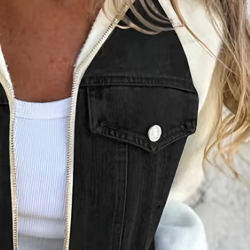 Women's Denim Patchwork Zip-Up Jacket - Stand Collar Casual Coat Fall Winter Meifu Market