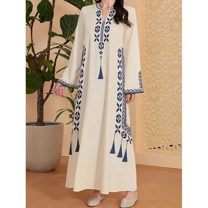 arabic print maxi dress | v-neck kaftan dress | lightweight cotton robe dress | energy saving