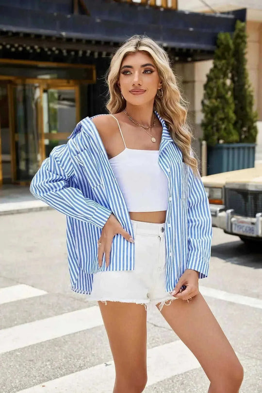loose fit button down top | oversized striped blouse | cotton linen blend shirt | energy saving