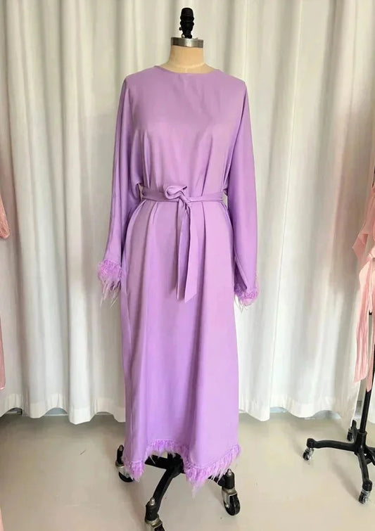 Women's Feather Detail Maxi Dress - Long Sleeve Round Neck Arabic Dress with Lace-Up