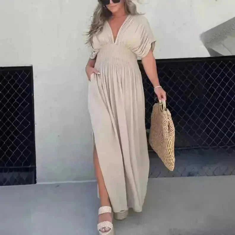 batwing sleeve dress | v-neck summer dress | elastic waist long dress | ultrasonic cleaning