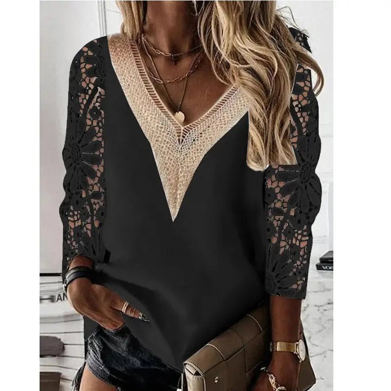 Commuter Nine-quarter Sleeve V-neck Stitching Hollow Lace Chiffon Shirt Pullover Meifu Market