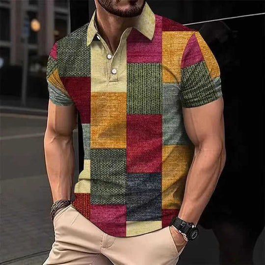 Mens Casual Printed Striped Polo Shirt 2XL - in use demonstration
