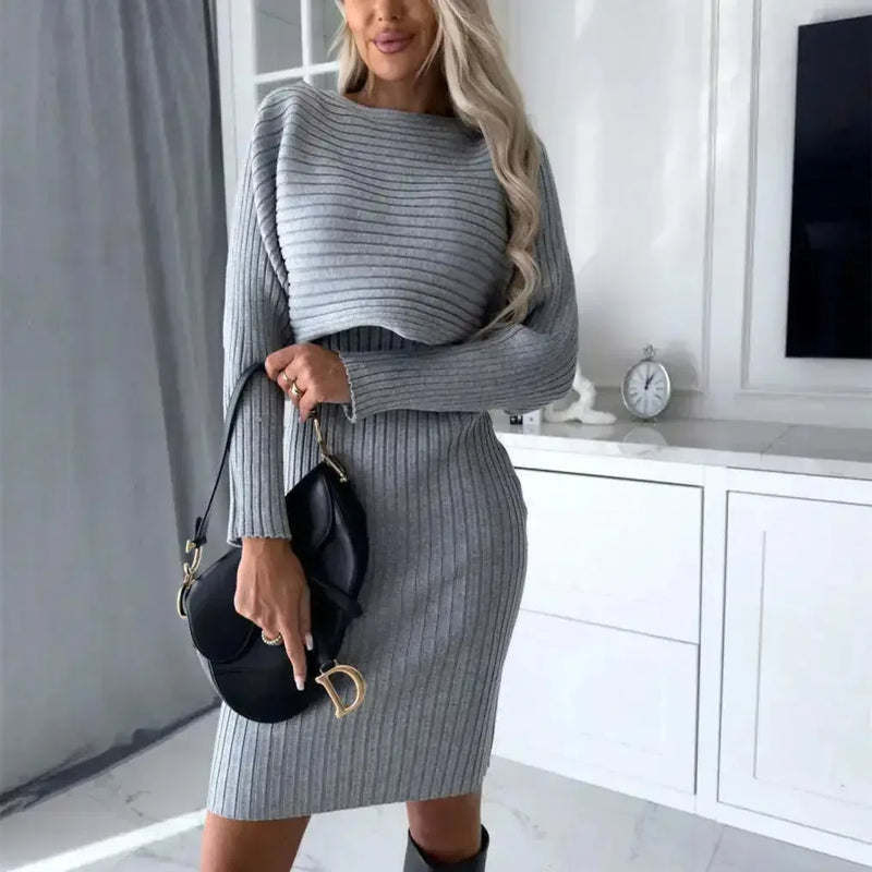 2pcs Suit Women's Solid Stripe Long-sleeved Top And Tight Suspender Skirt Fashion Autumn Winter Slim Clothing Meifu Market