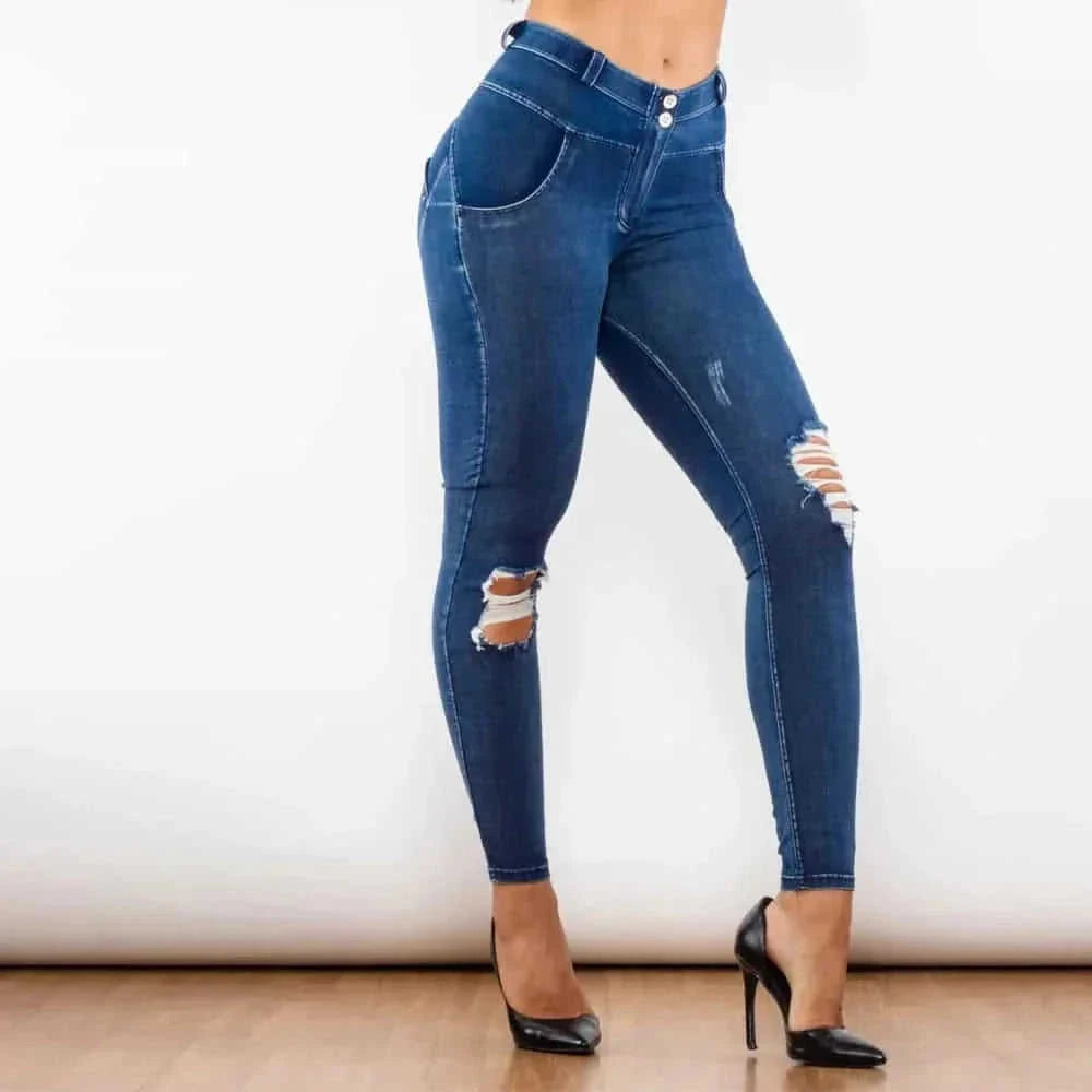 melody blue ripped jeans | high-waisted ripped jeggings | stretchy denim leggings | energy saving